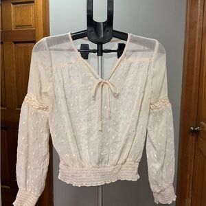Free People Cream Sheer Blouse with Tie-Front
